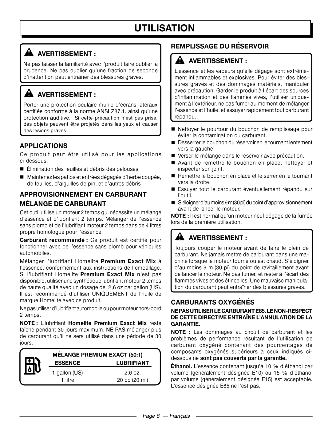 Homelite UT09510 Utilisation, Avertissement , Approvisionnement EN Carburant Mélange DE Carburant, Carburants Oxygénés 